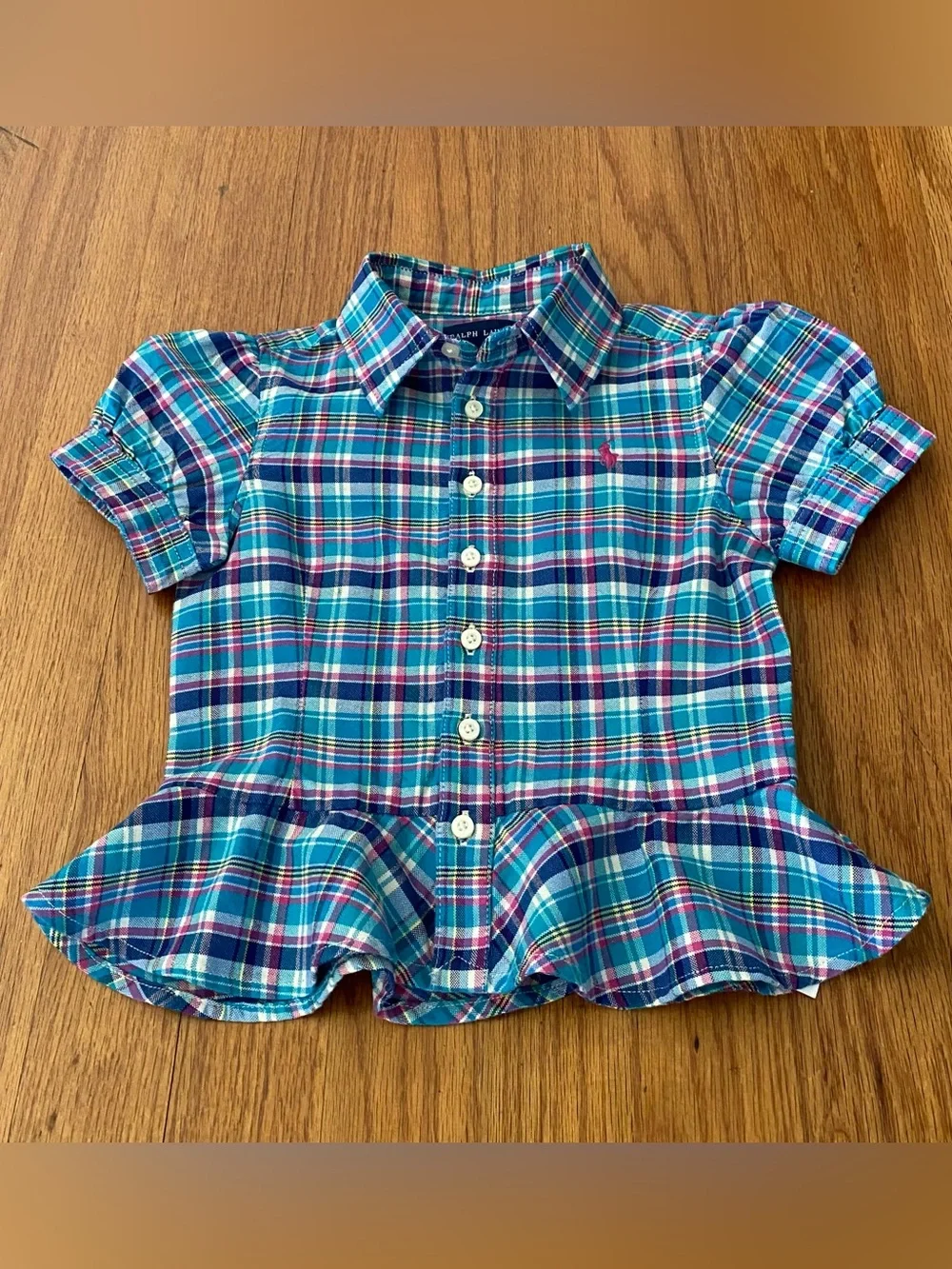 Ralph Lauren Blue Teal Pink Plaid Cotton Peplum  Shirt